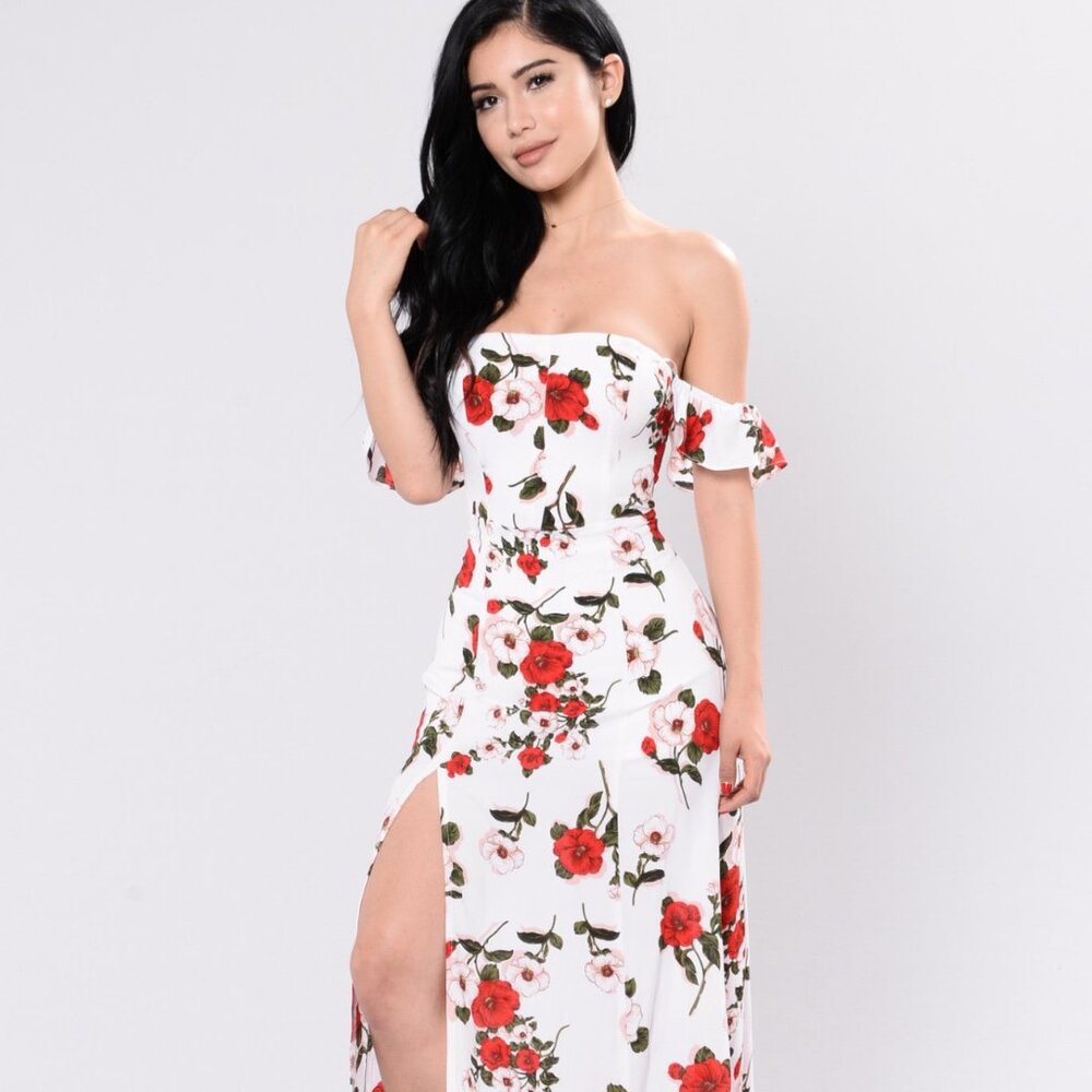 Off Shoulder Floral Maxi Dress with Side Slit